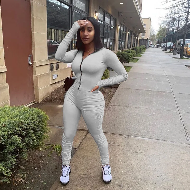 

Fashion Zip Up Solid Casual Jumpsuits Women Hot Long Sleeve Slim One Piece Stand Neck Night Club Sexy Women's Jumpsuit
