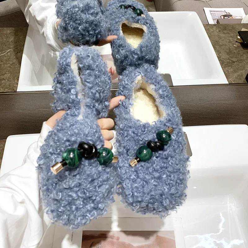 

New Fashion Slip on Fur Shoes Woman Pearl Bow Knot Plus Size Women Shoes Flats Soft Flat Bottom Solid Warm Plush Ladies Shoes