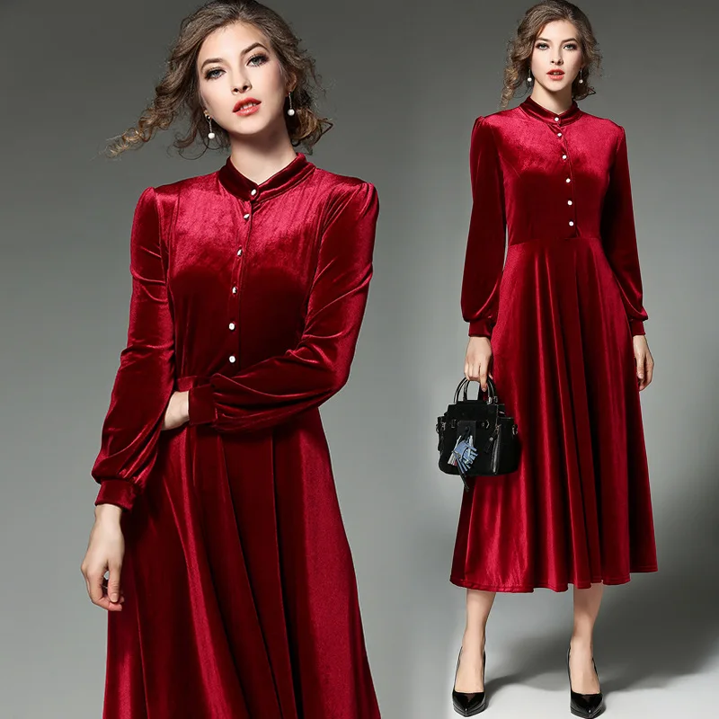 New Style Fall Winter Office Lady Red Black Color Velvet Soft Stand Lantern Sleeves A Line Gown Women Dresses Vestido De Mujer