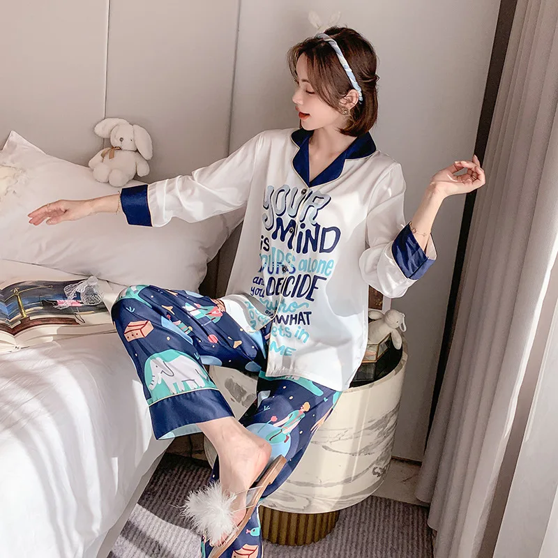 

Print Pajamas Set Women Spring Long Sleeve 2PCS Sleepwear Pijamas Suit Silky Satin Sleep Set Cartoon Nightwear Loose Homewear