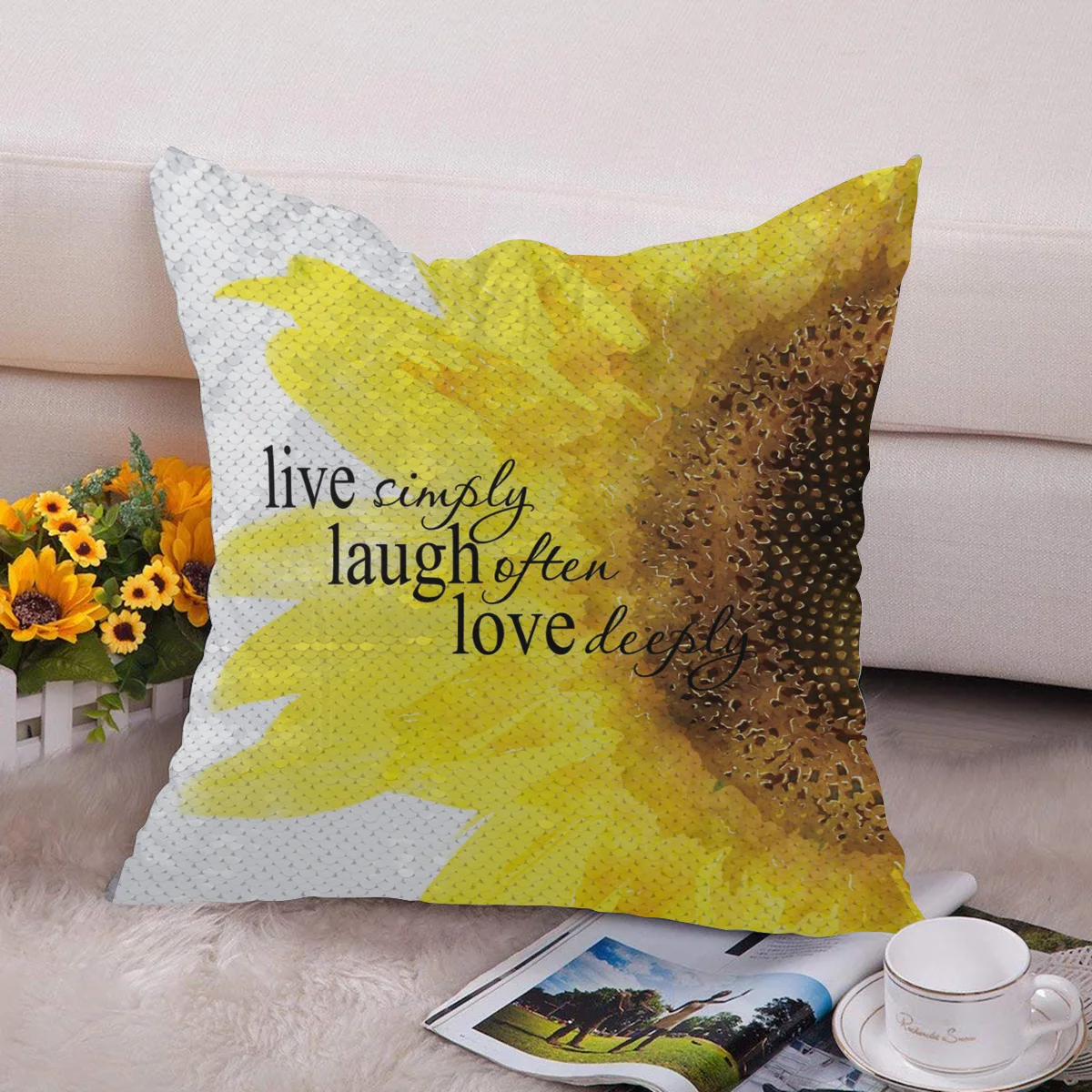 Silver Sequins Pillow Case Live Simple Laugh Love Sunflower Print For Kids Room Square Throw Magic Reversible Sequin Pillowcases |