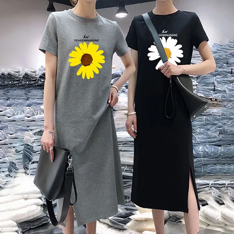 

Daisy Flower T-shirt Maxi Dresses Short Sleeve Casual Pullover Robe Women Summer Dress Breathable Cotton Oversize Female Vestido