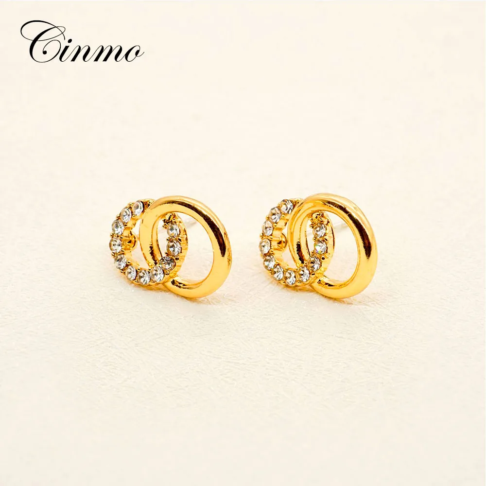 Женские серьги гвоздики Cinmo с двойным кольцом и кристаллами милые массивные Kpop