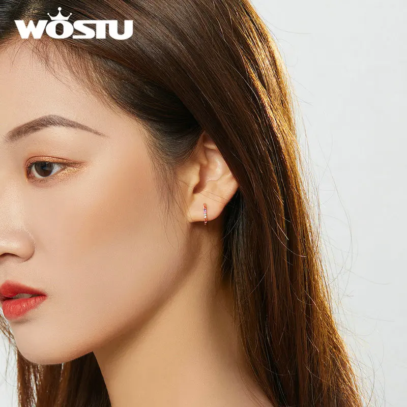 WOSTU Real 925 Sterling Silver Colorful Zircon Rose Gold Stud Earrings For Women Wedding Small Jewelry Gift DXE721-C | Украшения и