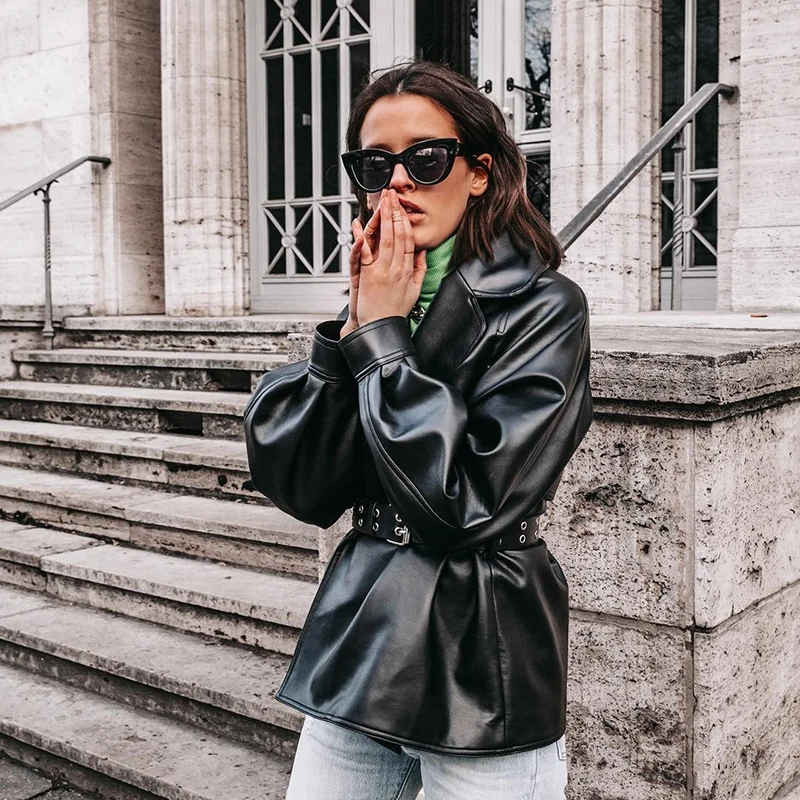 Куртка женская из искусственной кожи с поясом пикантная ветровка в стиле