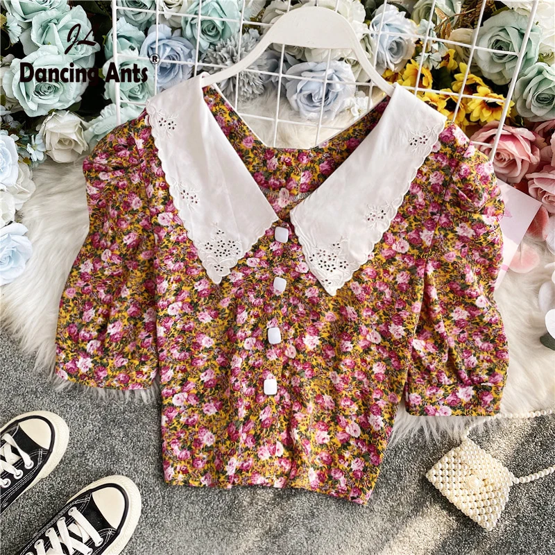 Женская винтажная блузка с цветочным принтом однобортный сексуальный короткий