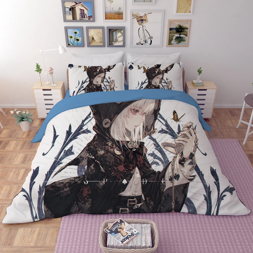 

2019 New pattern Tokisaki Kurumi 3D Japanese Anime Bedding Sets duvet cover white blue Quilt cover full twin queen king 3pcs set