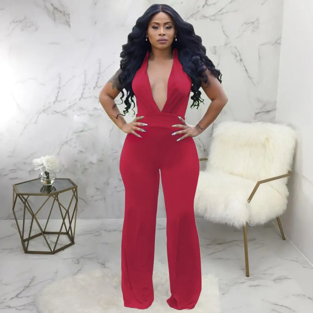 

Simple Style Streetwear Women Deep V Neck Sleeveless High Waist Straight Long Jumpsuit Office Lady Pure Color Rompers Catsuit
