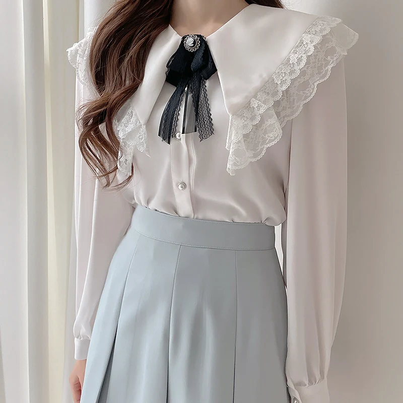 

Осенняя кружевная рубашка HziriP с рукавами-фонариками и бантом, Корейская однотонная Свободная рубашка с гофрированным поясом на пуговицах, ...