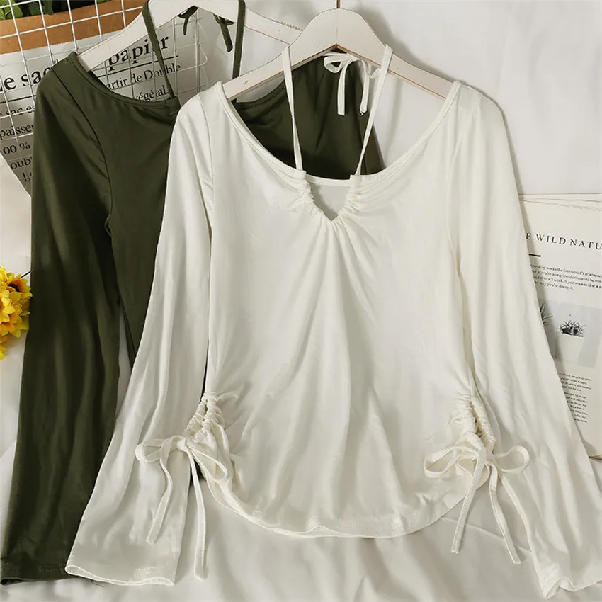 

Spring Autumn Long Sleeve T Shirt White Black Cotton T-Shirt Women Chic Fashion Halter Neck Crop Top Girls Streetwear Cropped