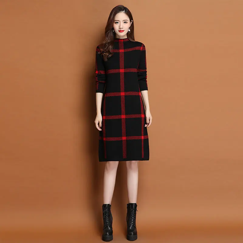 Свитер платье Azterumi на зиму Элегантная туника рождественское в клетку женское