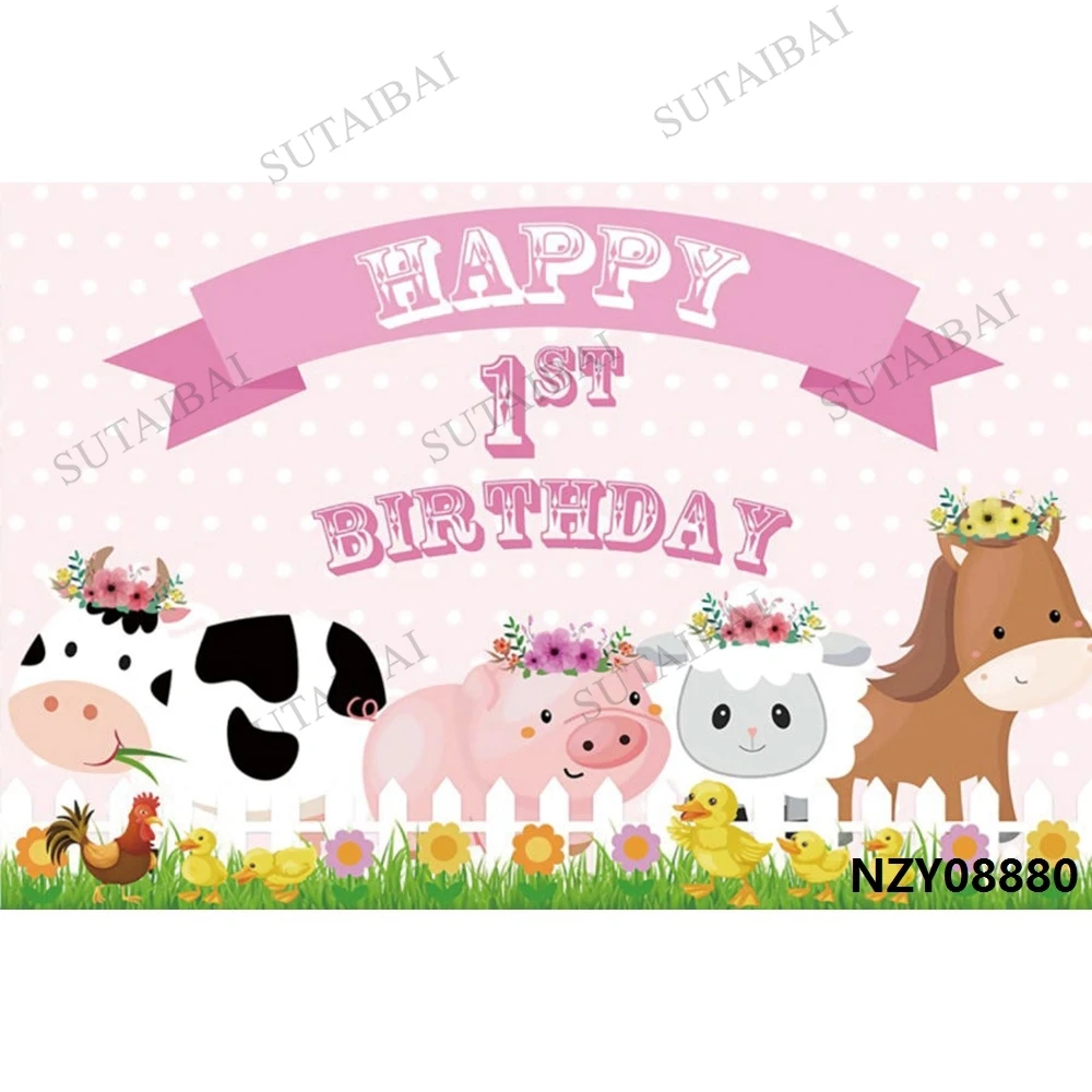 

Cartoon Farm Theme Backdrops Pink Barn Animals Barnyard House Kids Birthday Background Photography Photo Studio Photocall