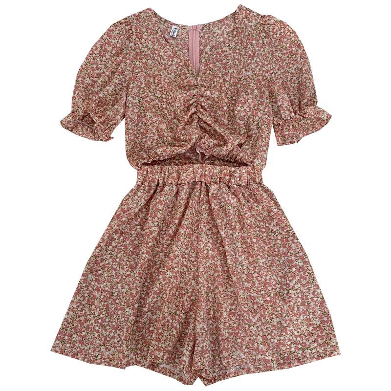 

2021 Summer New Sweet Wild Floral Folds Slim Waist Short Sleeve Ruffled Jumpsuit Wide Leg Pants Women