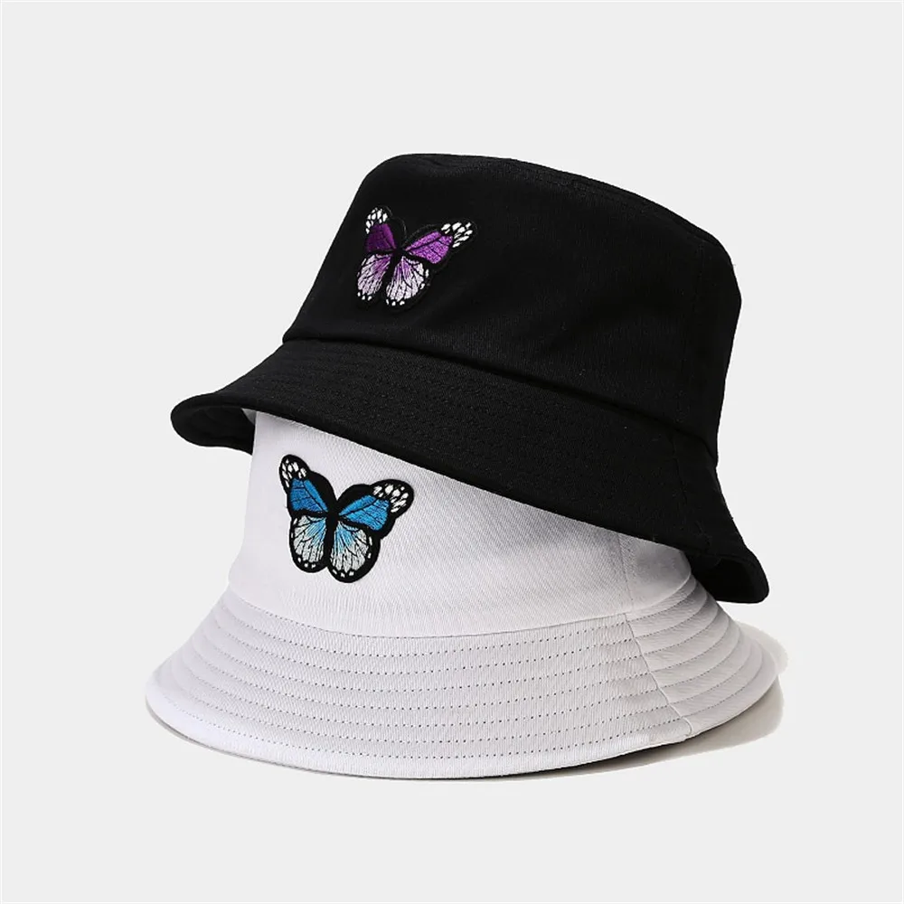 

2021 New Man Woman Butterfly Bucket Hat Candy Color Cotton Fisherman Hat Folded Windproof Panama Hat Fashion Cycling Hunting Hat