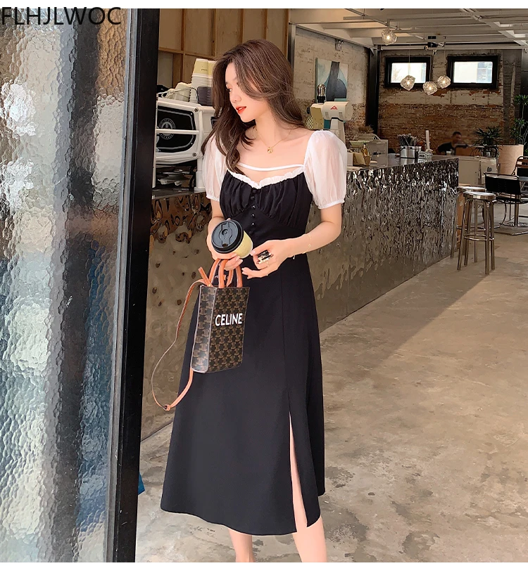 

2021 Fashion Split Slit Black French Style Temperament Lady Party Elegant Women Long Dress