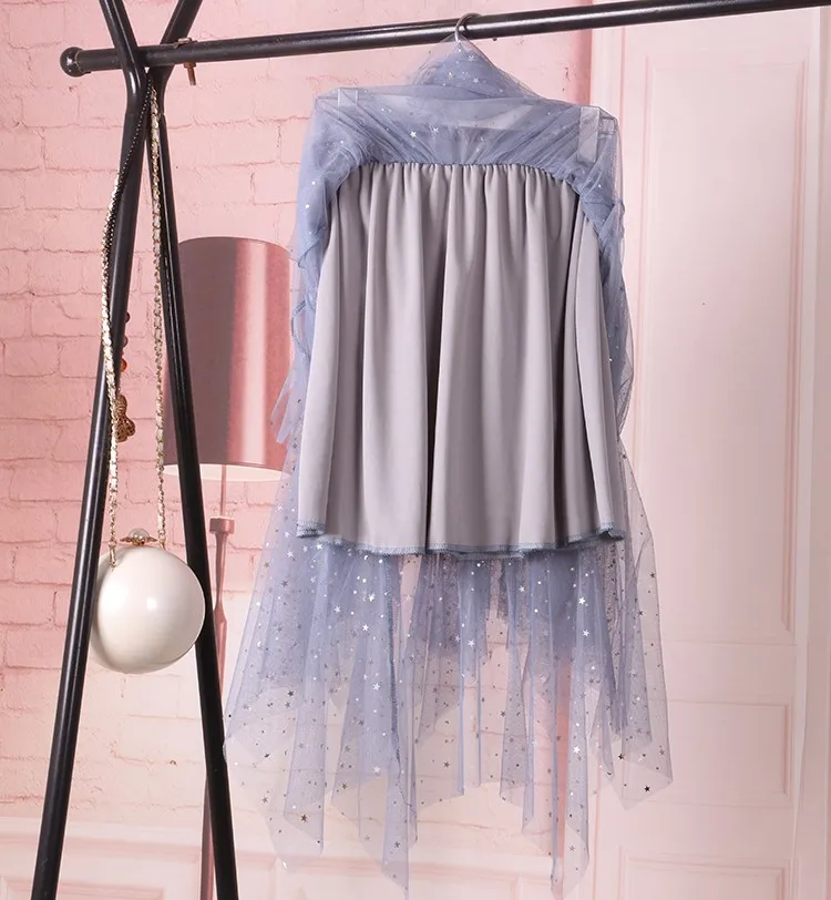 

Shiny Stars Sequins Irregular Tulle Skirts Women Spring Chic Fairy Sweet Cake Mesh Skirt Female Elegant Lady Faldas