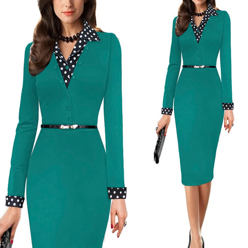 

2021 Women One-Piece Polka Dot Office Dress Long Elegant Lady Pencil Business Dress Suit V-neck Bodycon Vestidos Wear To Work