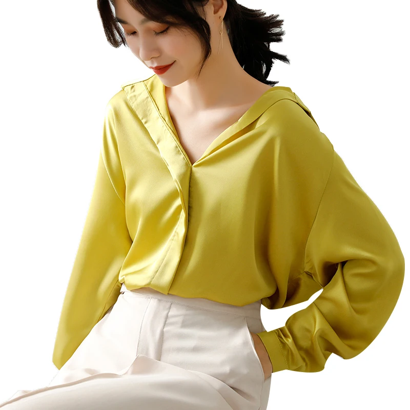 

2020 New Autumn Silk Stain Women's Shirt Female Loose Blouse Chic Long Sleeve Turn-down Collar Korean OL Style Blouses