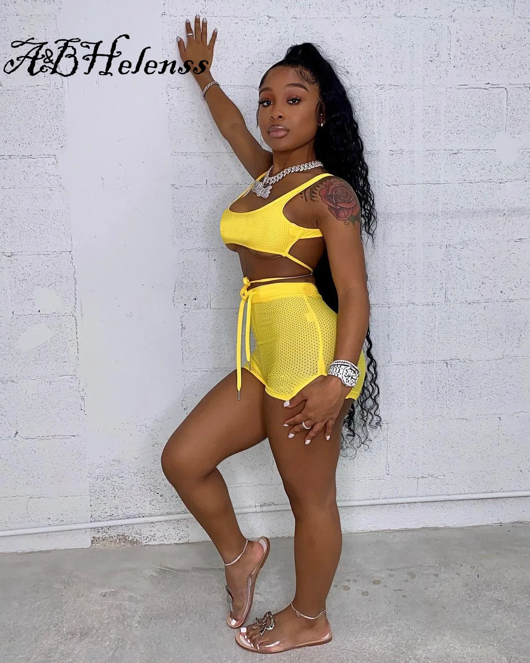 

A&BHelenss Casual Sheer Mesh Tracksuit Women Shorts Suits Sexy Drawstring Sleeveless Crop Top + Biker Shorts Two Piece Set