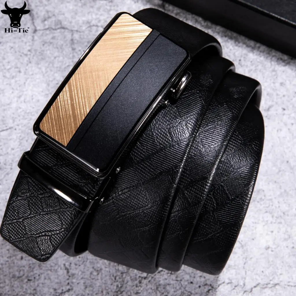 

Famous Mens Suit Belts Double Colors Automatic Buckles Black Cow Leather Ratchet Waistband Strap for Men Top Quality Formal