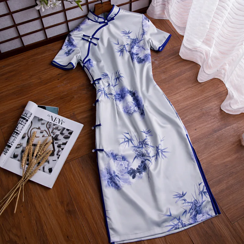 

Женское вечернее платье-Ципао с коротким рукавом, элегантное китайское платье с воротником-стойкой и цветочным принтом, платье для вечерин...