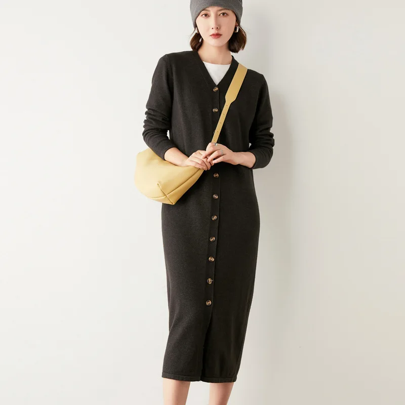 

Autumn v neck soft Cardigans 2021 winter women's knitted sweater wool long dress women sweater buttoned long cardigan dress