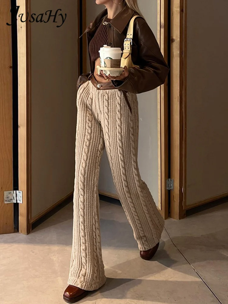 

JuSaHy Autumn Y2K Knitted Loose Pants for Women Fashion High Waist Comfortable Long Straight Trousers Casual High Streetwear