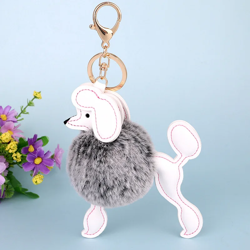 

Creative Gift Cute Pet Dog Fur Ball Key Chains Pendant Pu Leather Imitation KeychainRex Rabbit Hair Puppy Pendant Keyring Woman