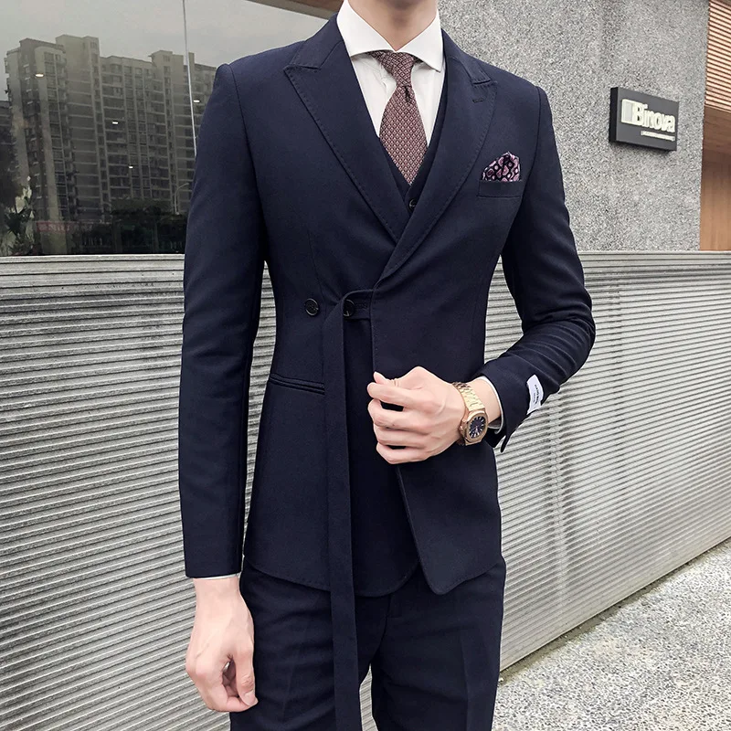 

New Men's 3 Pieces Black Elegant Suits With Pants Brand Slim Fit Single Button Party Formal Business Dress Suit Male Set