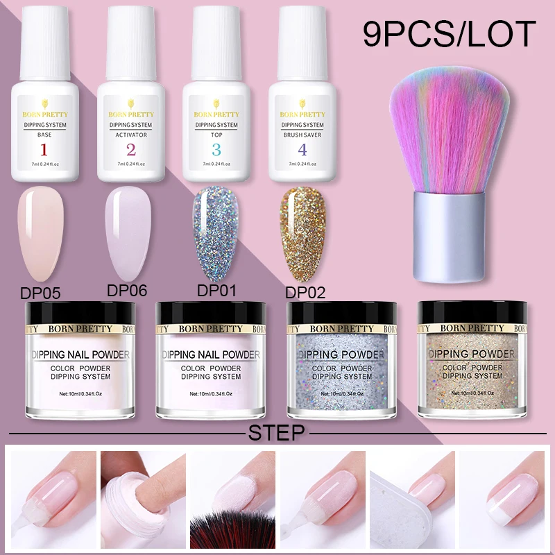 

BORN PRETTY 9Pcs/Kit Dipping Nail Powder Set Nail Glitter For Manicuring Dry Without Lamp Cure Nail Art Decorations