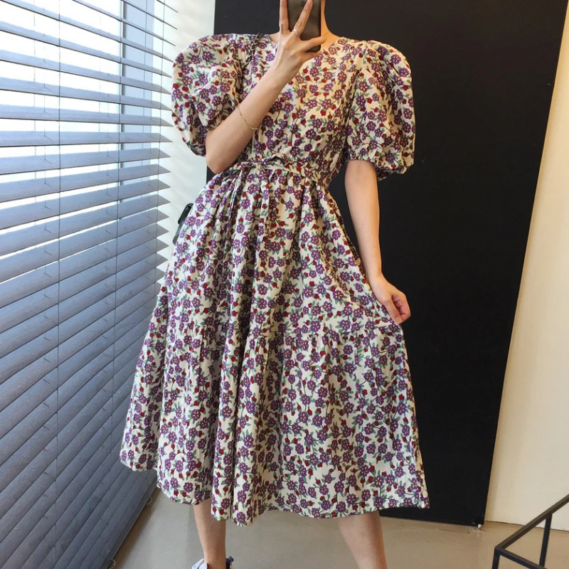 

Women Dress 2021 Korean Fashion Chic Summer Green Flower Square Neck Lace Up Waist Loose Ruffle Dresses Long