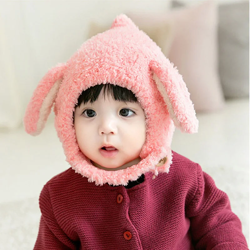 Pink rabbit ears Осенне-зимняя детская бейсболка дети теплые наушники ветрозащитная плюшевая шапка бальный торт берет шерстяной вязаный головной убор от 3 до 36 месяцев милый кролик - Цвет: Pink rabbit ears