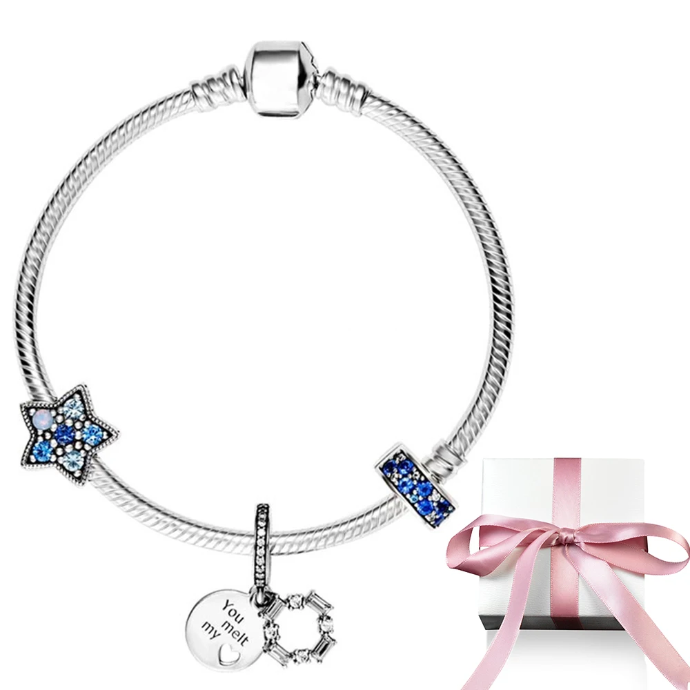 

2020 100% 925 Sterling Silver 1:1 Heart Language Wish Blue Creative DIY Beaded Bracelet PDL0702 Jewelry Making Berloque
