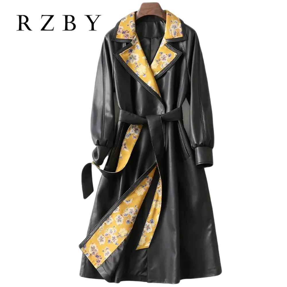 

Женская куртка из 100% натуральной кожи, Длинная ветровка из натуральной овечьей кожи с соединением из цветочной ткани, зимнее пальто RZBY719