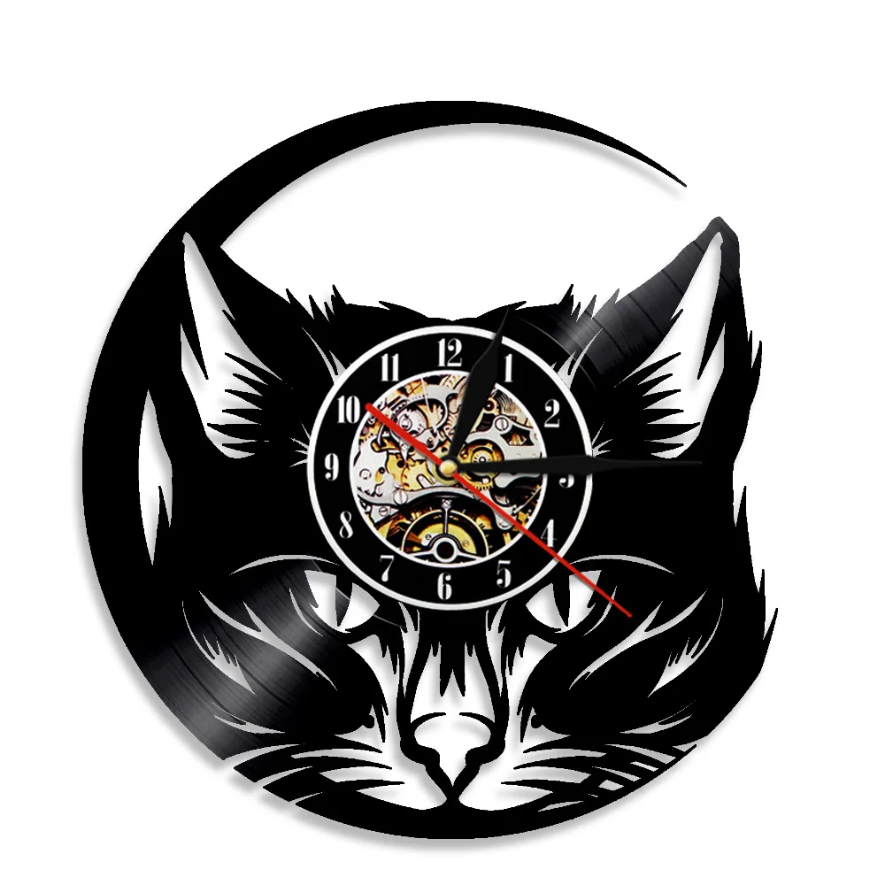 Настенные часы с изображением головы кошки Meow, Черный кот, Виниловая пластинка, часы, настенные художественные, кошачий магазин, Декор, винтажные животные, кот, любовник, часы для оформления дома