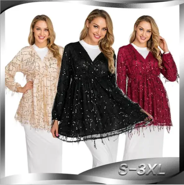 Элегантные женские топы с блестками мусульманская блузка платье рубашка длинное