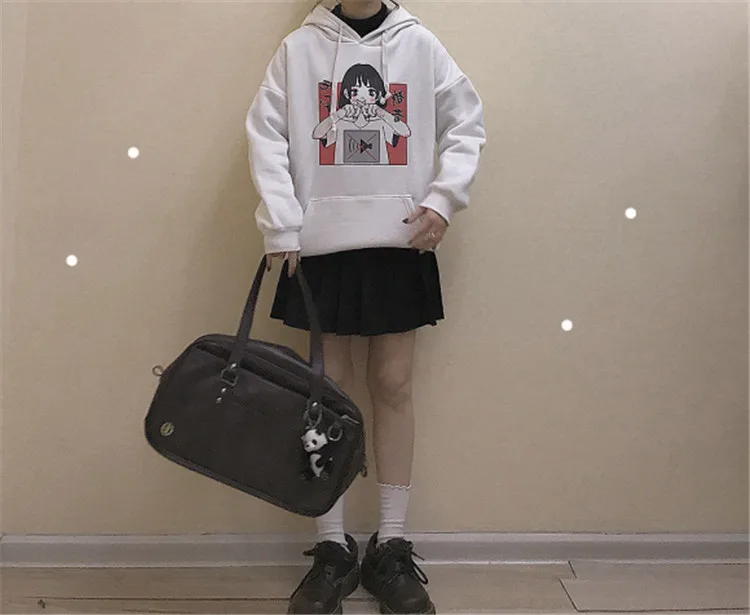 Harajuku Kawaii аниме девушка с капюшоном Толстовка японский Винтаж милый черный флис толстовка с рисунком женский объемный пуловер
