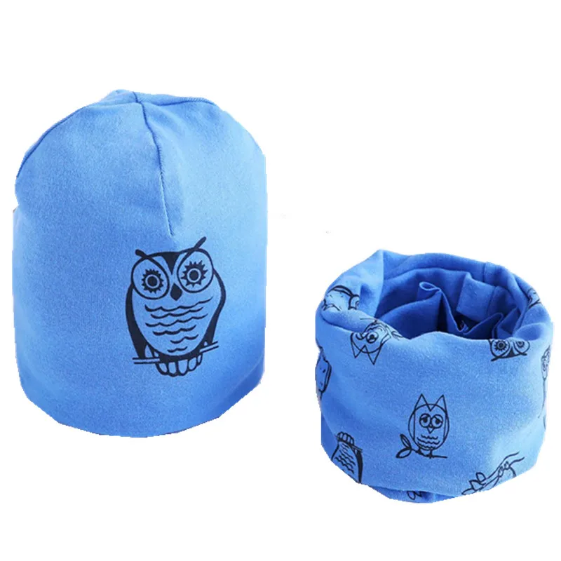 blue owl Модный комплект с шапочкой для девочек, однотонный детский головной убор, весенние теплые детские шапочки с воротником для мальчиков, хлопковые детские шапки, шарф - Цвет: blue owl