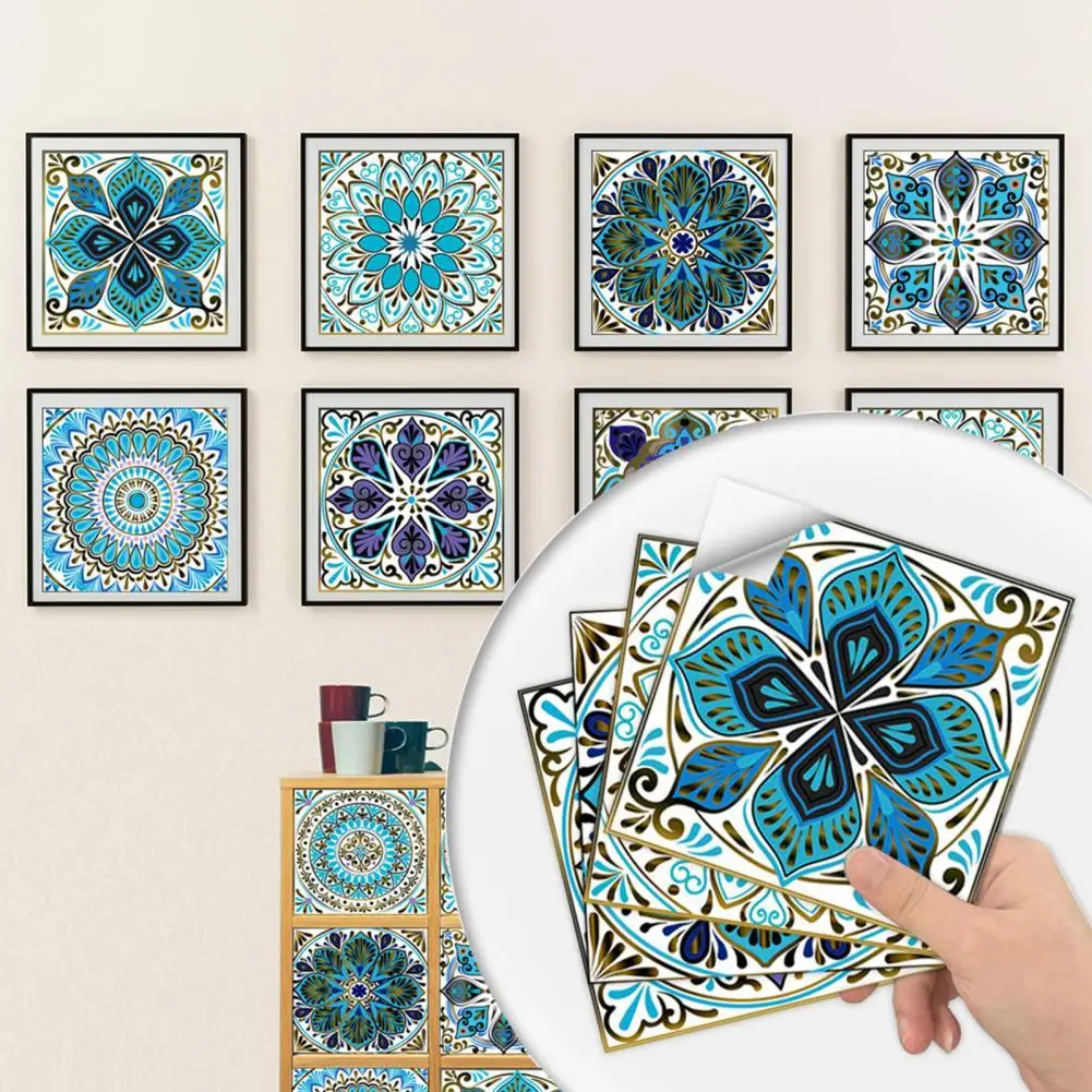 

10Pcs/Set Simulation Tile Wall Sticker Self-Adhesive Waterproof PVC Mandala Hard Tiles Sticker Home Renovation Bathroom Decor