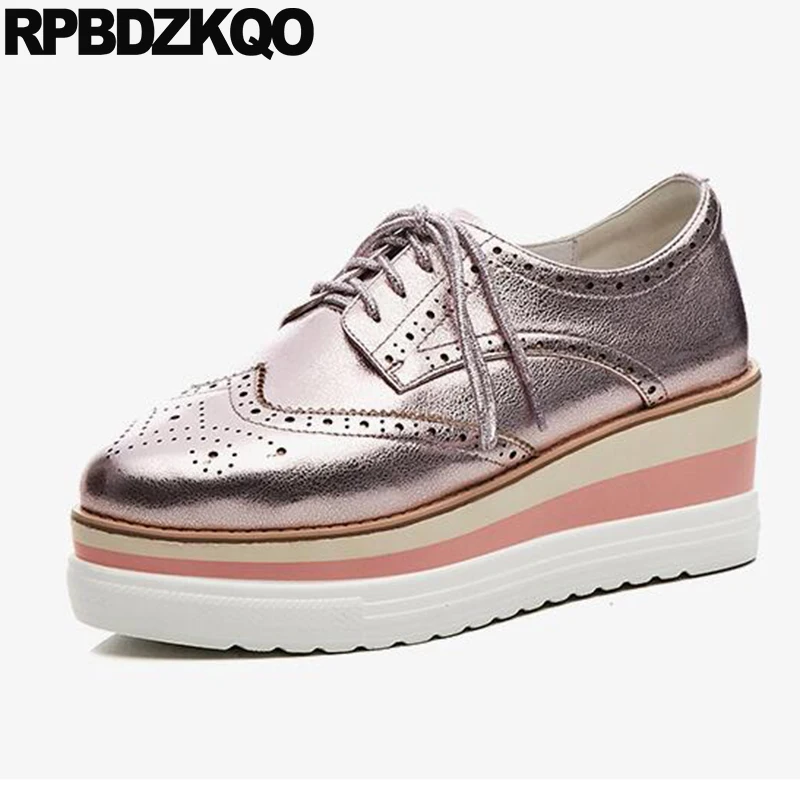 Туфли лодочки женские на платформе 3 дюйма натуральная кожа броги шнуровке