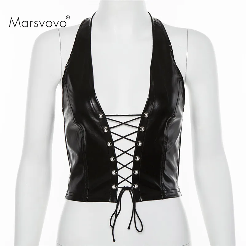 

Bandage Crop Top Black Sexy Corset Backless Tanks Camis Korean Fashion V-Neck Halter Top Party Fashion Sling Woman Camis 2021