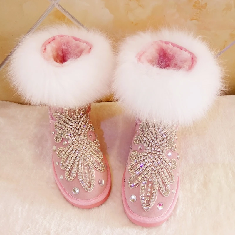 

2021 Australian snow boots diy Cress hand-sewn diamond snow boots fox fur leather tube cotton shoes women's boots