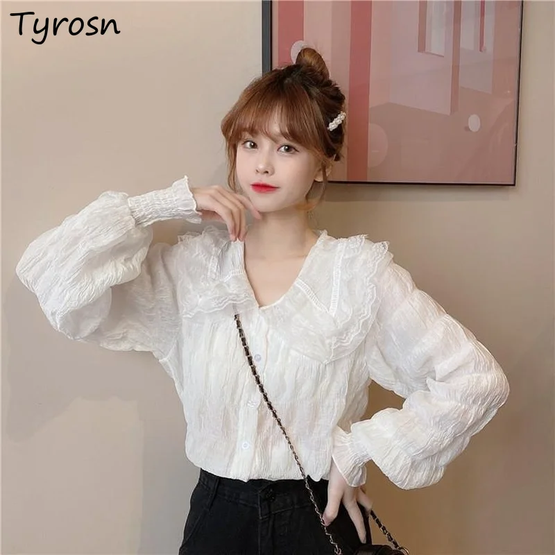 

Shirts Women Sweet Design Lace Folds Single Breasted Peter Pan Collar Blouses Korean Style Lovely Long Sleeve Top Mujer Hot Sale