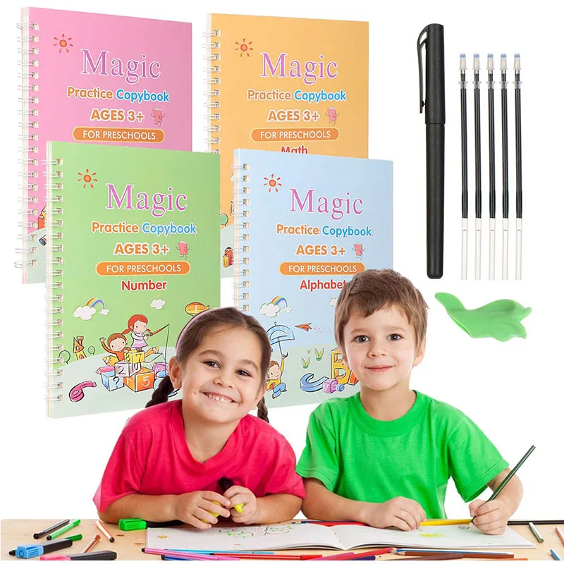 4 книги/Набор детских волшебных книг, многоразовые 3d-каллиграфические тетради, английские цифры, надпись, Волшебная тренировка, тетрадь