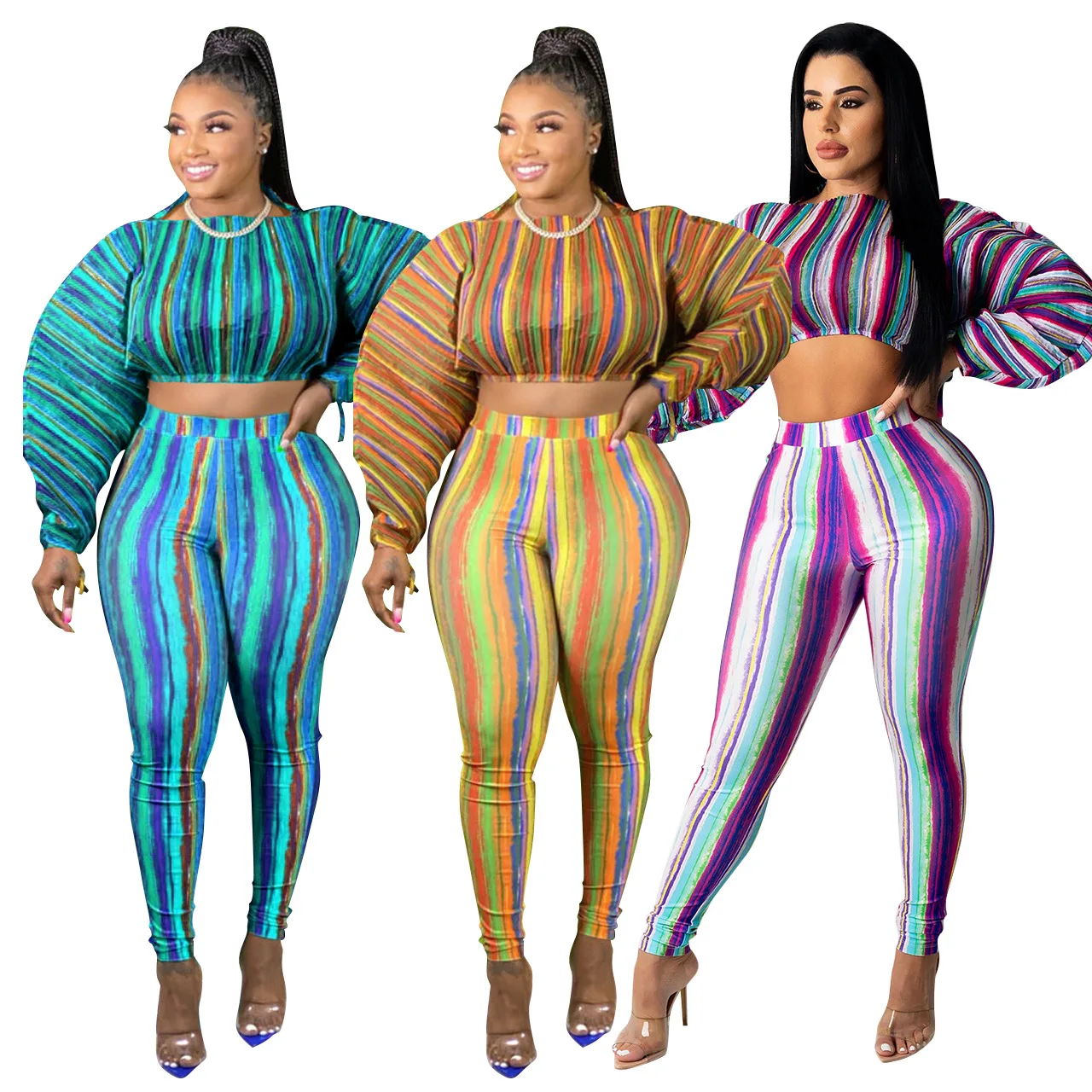 

Plus Size Women Striped Two Piece Set Long Lantern Drawstring Sleeve Crop Top High Waist Pencil Pants Suit Casual Fashion Outfit