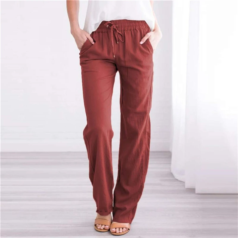 

Women Drawstring Straight Long Trousers Summer Casual Elastic Waist Pocket Harem Pant Female Solid Color Oversize Wide Leg Pants