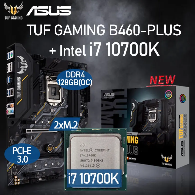 

LGA 1200 Asus TUF GAMING B460-PLUS Motherboard Set + Intel Core i7 10700K Combo DDR4 128GB M.2 Placa-Mãe Kit Desktop Intel B460