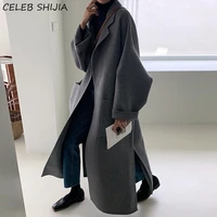 chic gray woolen long coat woman autumn and winter turn down neck wool jacket woman korean keep warm loose blends clothing fall