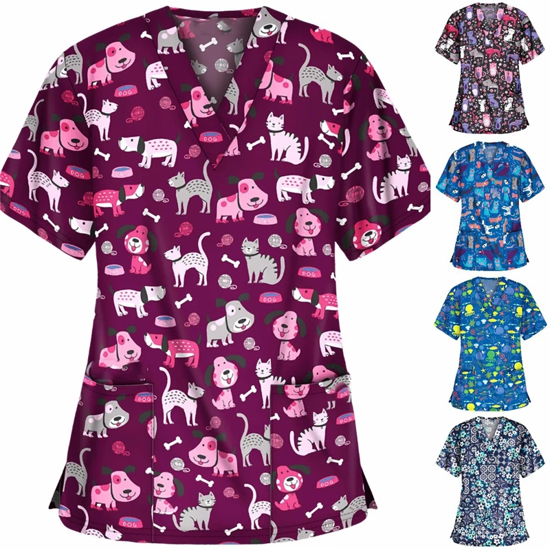 

New Print T-shirt Nurse Uniform Women Short Sleeve V-neck Tops Working Uniform Scrubs Top 2021 Ladies Blouse Nursing T Shirt