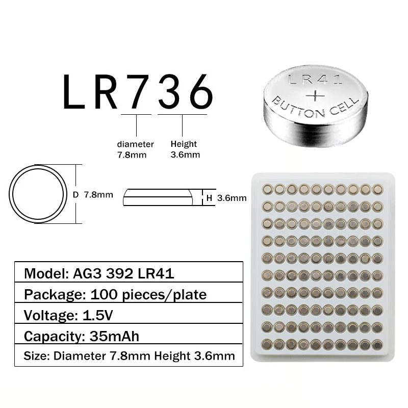 300 шт. щелочные батарейки AG3 35 мАч SR41 192 1 55 в L736 384 SR41SW CX41 LR41 392|Часовые батарейки| |
